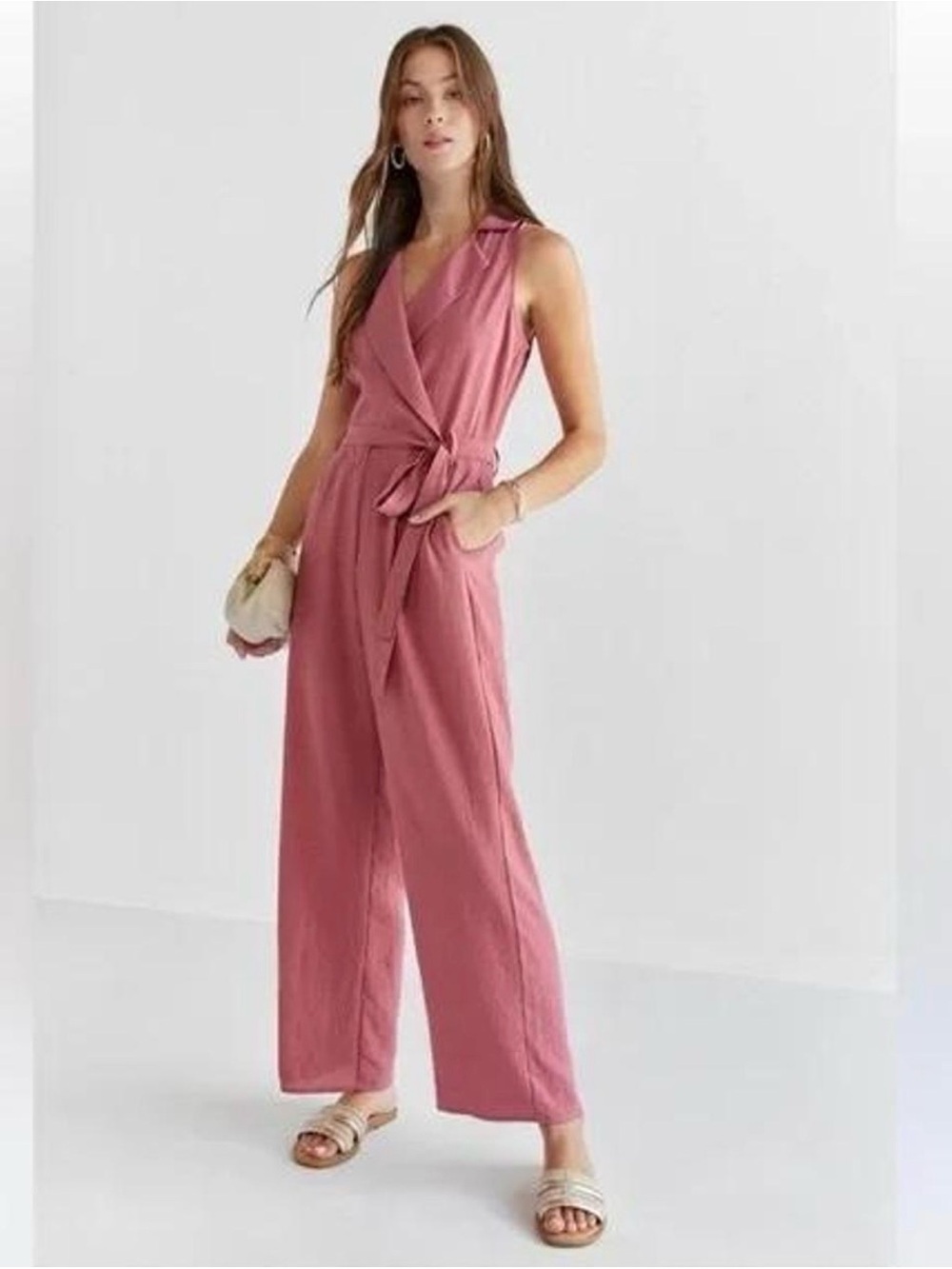 Francesca’s Sleeveless Wrap Jumpsuit with Self-Tie Waist in Dusty Rose L